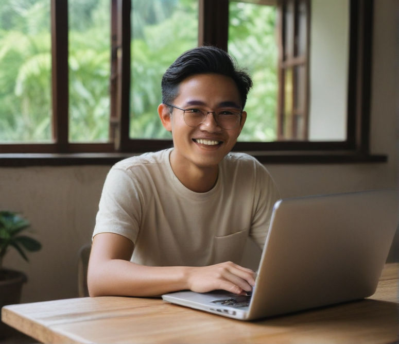 A happy Indonesian individual using a laptop, radiating contentment and enjoyment.