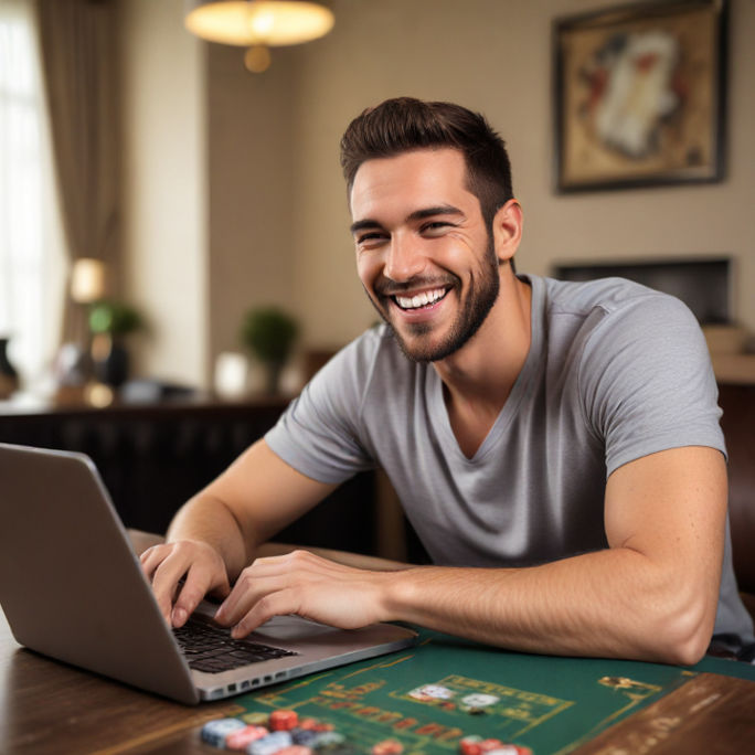 A man smiles while using his laptop at home, celebrating a win in a live casino game.