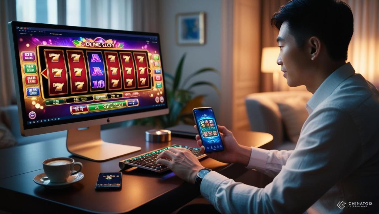 Person playing online slot games in cozy room with coffee and smartphone.