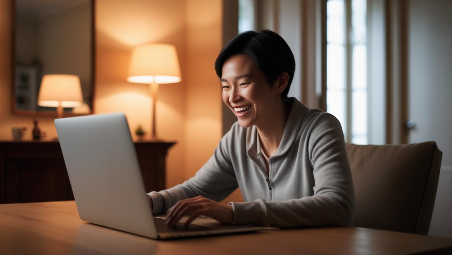 Man casually gambling online in warm-lit room, showing focused and satisfied expression.