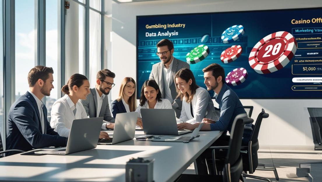 Team of marketers analyzing casino data on digital screens in modern office.