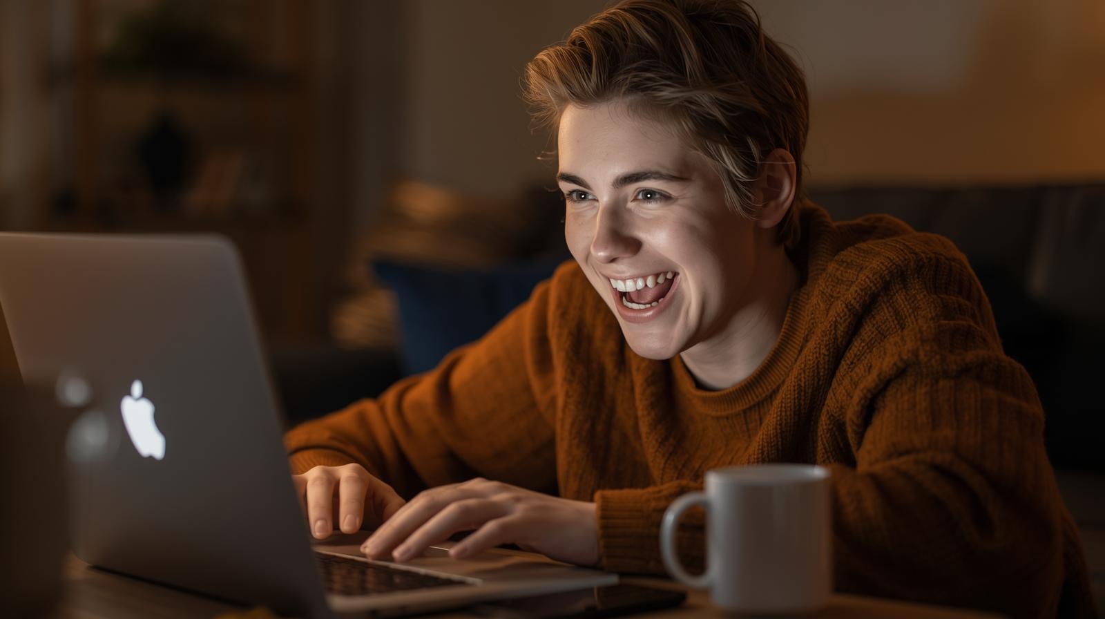 Excited player celebrates online casino win at laptop, blurred screen, cozy setting.