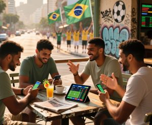 A group of men engaging in online gambling and sports betting at the same time, where symbols of Brazil are shown in the background