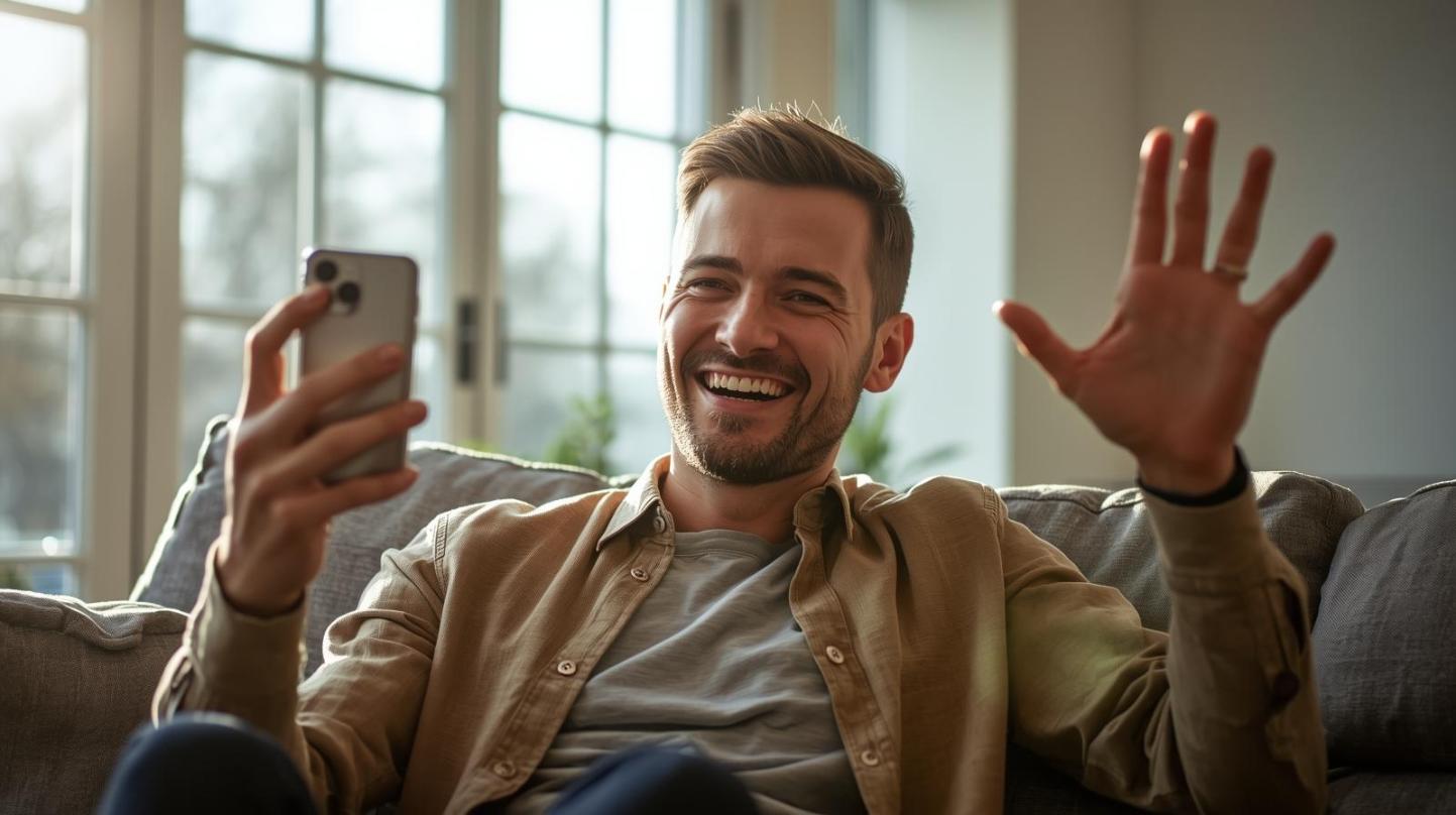 Happy gamer cheering at home while holding smartphone during an exciting online win.