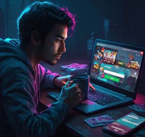 gambler in front of an online casino website