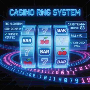 A futuristic digital casino system visualizing RNG algorithms, glowing number streams, spinning slot reels, and transparent data layers representing randomness and fairness