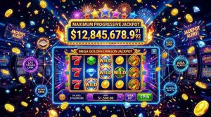 A vibrant online slot machine displaying a massive progressive jackpot counter climbing rapidly, surrounded by glowing coins, digital connections between casinos, and celebratory effects
