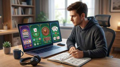 a player studying an online casino game's instructions on a laptop before playing